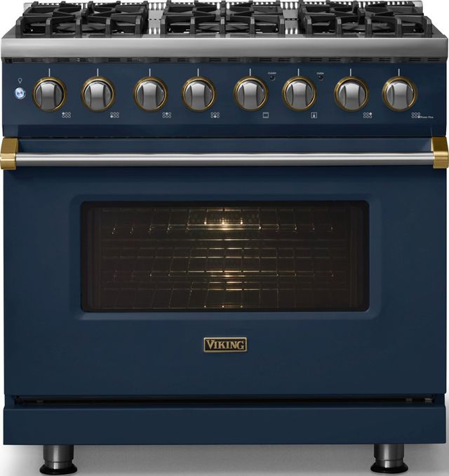 Viking® 5 Series 36" Slate Blue Pro Style Dual Fuel (NG) Range with Brushed Brass Trim-2