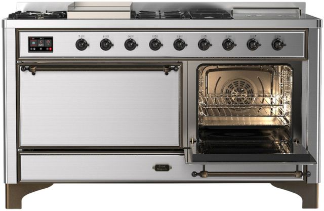 Ilve® Majestic III 60'' Stainless Steel Pro Style Dual Fuel Liquid Propane Range with Solid Door and Burnished Trim-3