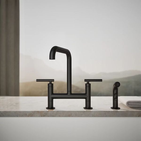KOHLER® Purist® Matte Black 2-Hole Bridge Kitchen Sink Faucet with Side Sprayer-3