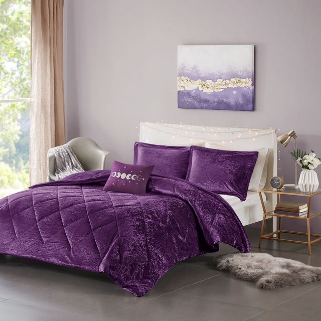 Olliix by Intelligent Design Felicia Purple King/California King Velvet Comforter Set-2
