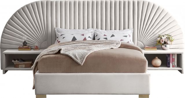 Meridian Furniture Cleo Cream Velvet Queen Upholstered Panel Bed-1