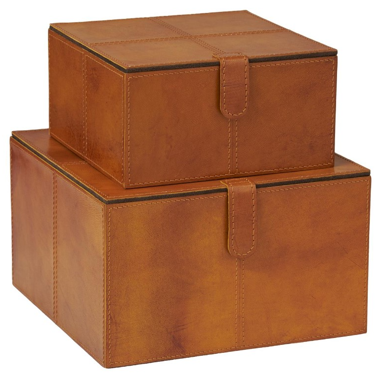 Deco Marche 2-Piece Square Brown Leather Storage Box with Snap