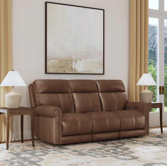Flexsteel® Alexander Khaki Brown Leather Power Reclining Sofa with Console, Power Headrest and Lumbar-2