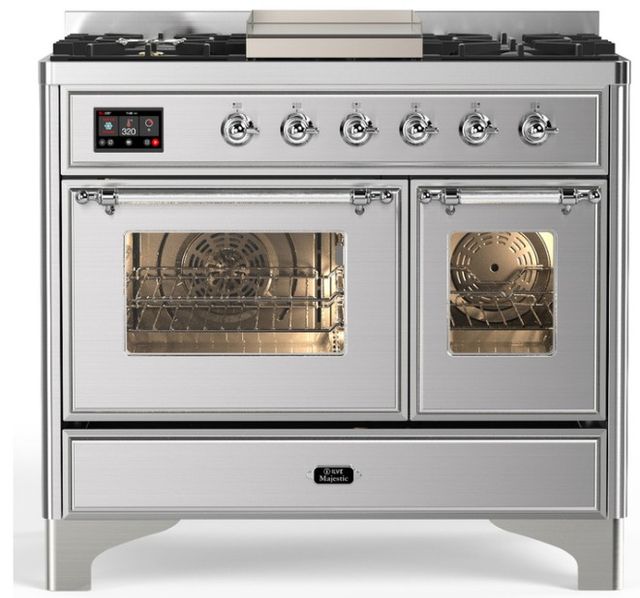 Ilve® Majestic III 40" Stainless Steel Pro Style Dual Fuel Liquid Propane Range with Triple Glass Door and Chrome Trim-0