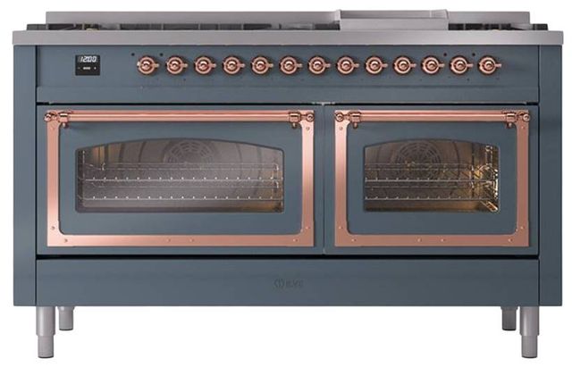 Ilve® Nostalgie II Noblesse 60'' Blue Gray Pro Style Dual Fuel Range with Copper Trim-1