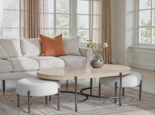Magnussen Home® Jennings 3-Piece Edgecomb Gray Oval Cocktail Table with Weathered Antique Nickel Base and Two Ottomans Set-1