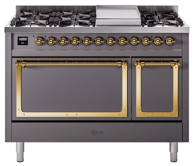 Ilve® Nostalgie II Noblesse 48'' Graphite Matte Pro Style Dual Fuel Range with Brass Trim-0