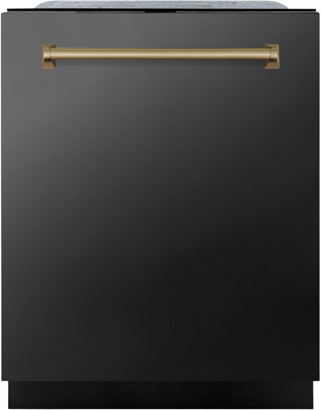 Zline Autograph Edition 24" Black Stainless Steel Third Rack Top Touch Control Tall Tub Built-In Dishwasher with Champagne Bronze Handle-0