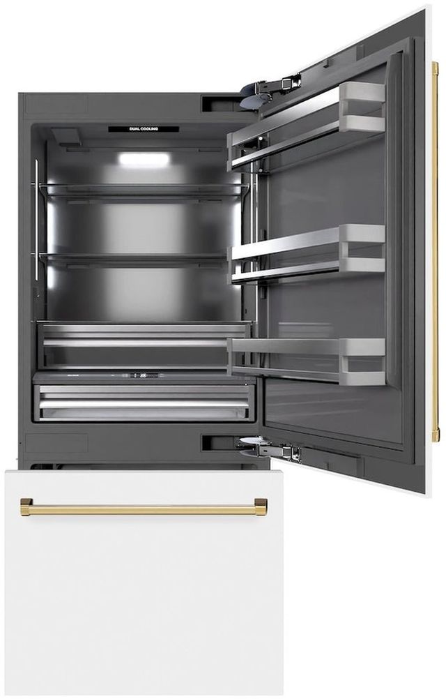 ZLINE Autograph Edition 36" 19.8 Cu. Ft. White Matte Built-In Bottom Freezer Refrigerator with Water Dispenser, Ice Maker, Graphite Gray Interior, and Polished Gold Accents-1
