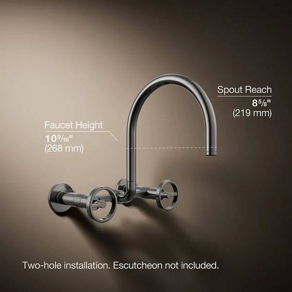 KOHLER® Billet® Vibrant Titanium 12" 2-Hole Wall-Mount Bridge Kitchen Sink Faucet with Round Handles-4