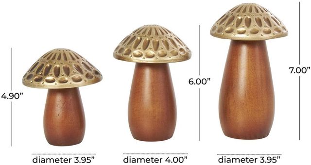 Deco Marche 3-Piece Brown Mushroom Decorative Sculpture Set with Gold Tops and Groove Patterns-2