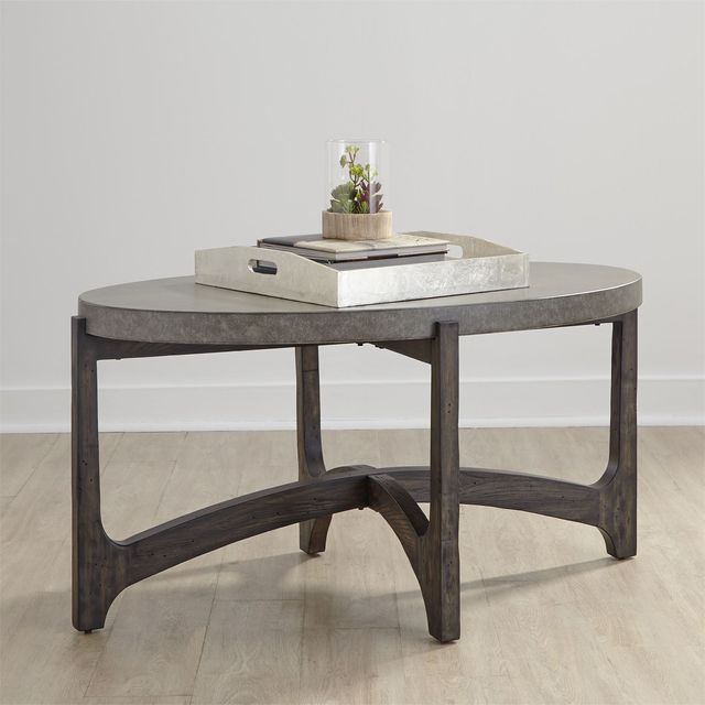 Liberty Furniture Cascade Gray Oval Cocktail Table with Wirebrush Rustic Brown Base-1