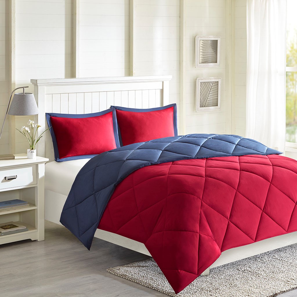 Olliix by Madison Park Essentials Larkspur Red and Navy King 3M Scotchgard Reversible Down Alternative Comforter Set