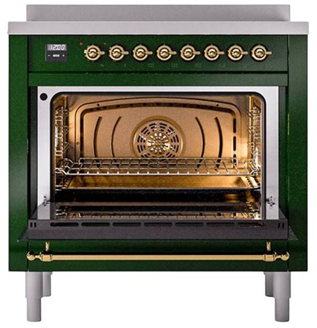 Ilve® Nostalgie II Noblesse 36'' Emerald Green Pro Style Induction Range with Brass Trim-2