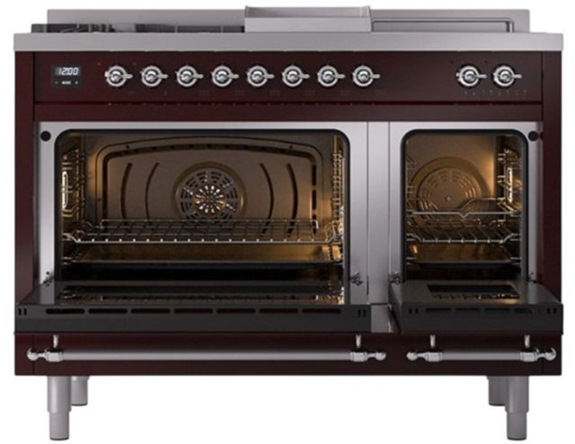 Ilve® Nostalgie II Noblesse 48'' Burgundy Pro Style Dual Fuel Range with Chrome Trim-2