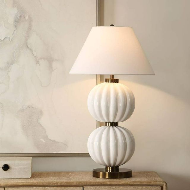 Uttermost® Irena Glossy White Table Lamp with Antique Brass Accents-1