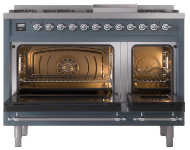 Ilve® Nostalgie II Noblesse 48'' Blue Gray Pro Style Dual Fuel Range with Chrome Trim-1