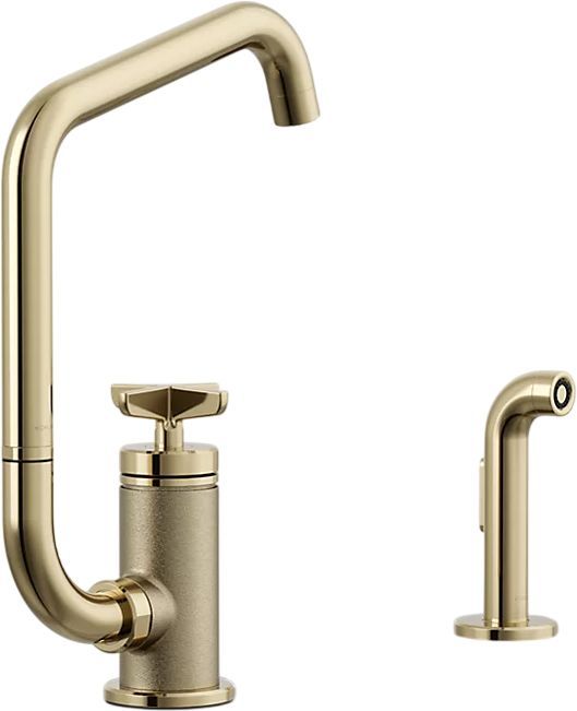 KOHLER® Billet® Vibrant French Gold Single Cross-Handle Bar Sink Faucet with 2-Function Extended-Reach Spout and Side Sprayer-0