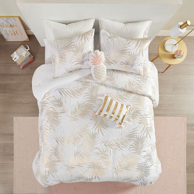 Olliix by Intelligent Design Kailani Gold Twin/Twin XL Tropical Metallic Printed Comforter Set-1