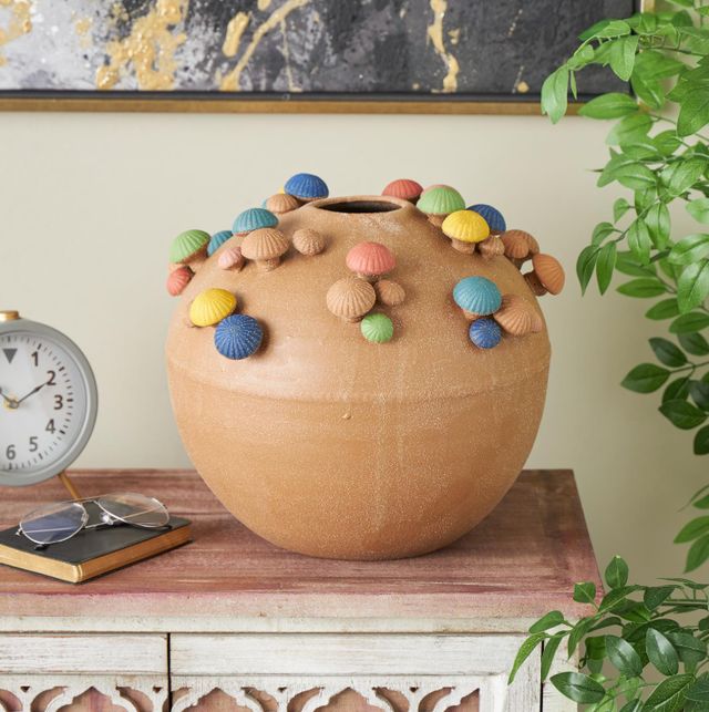 Deco Marche Brown 13" Round Wide Decorative Vase with Multicolor Accents and White Speckles-3