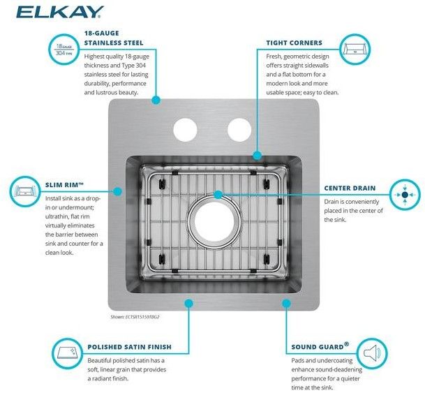 Elkay Crosstown® Polished Satin 15" 2-Hole Single Bowl Dual Mount Bar Sink Kit-0