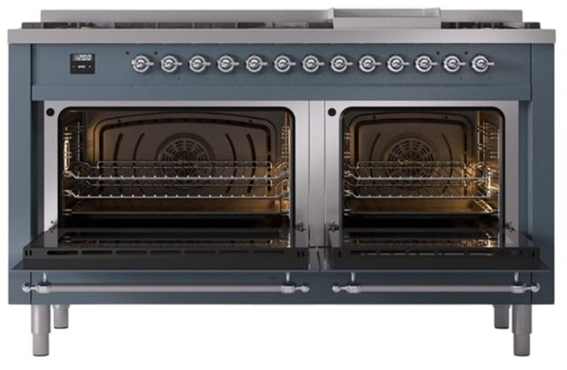 Ilve® Nostalgie II Noblesse 60'' Blue Gray Pro Style Dual Fuel Range with Chrome Trim-1