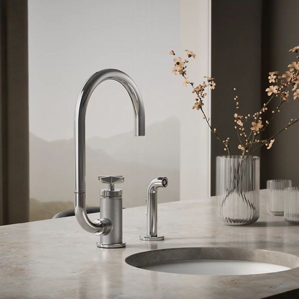 KOHLER® Billet® Polished Chrome 16" Single Cross-Handle Bar Sink Faucet with 2-Function Extended-Reach Spout and Side Sprayer-1
