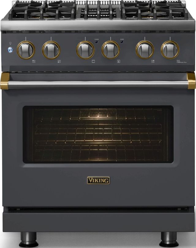 Viking® 5 Series 30" Cast Black Pro Style Dual Fuel (LP) Range with Brushed Brass Trim-2