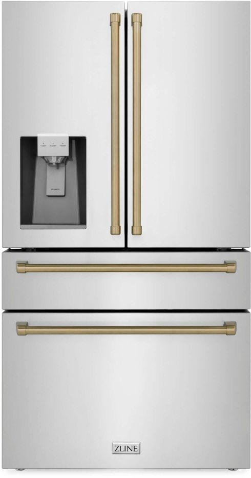 ZLINE Autograph Edition 36" 21.6 Cu. Ft. Fingerprint Resistant Stainless Steel Counter Depth French Door Refrigerator with Water/Ice Dispenser and Champagne Bronze Traditional Handles-0