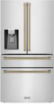 ZLINE Autograph Edition 36" 21.6 Cu. Ft. Fingerprint Resistant Stainless Steel Counter Depth French Door Refrigerator with Water/Ice Dispenser and Champagne Bronze Traditional Handles-0