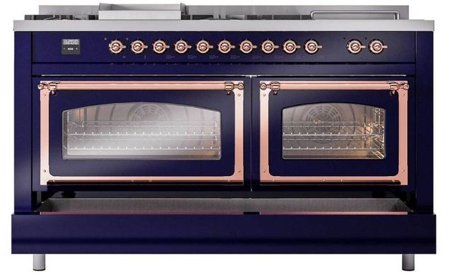 Ilve® Nostalgie II Noblesse 60'' Midnight Blue Pro Style Dual Fuel Range with Copper Trim-3