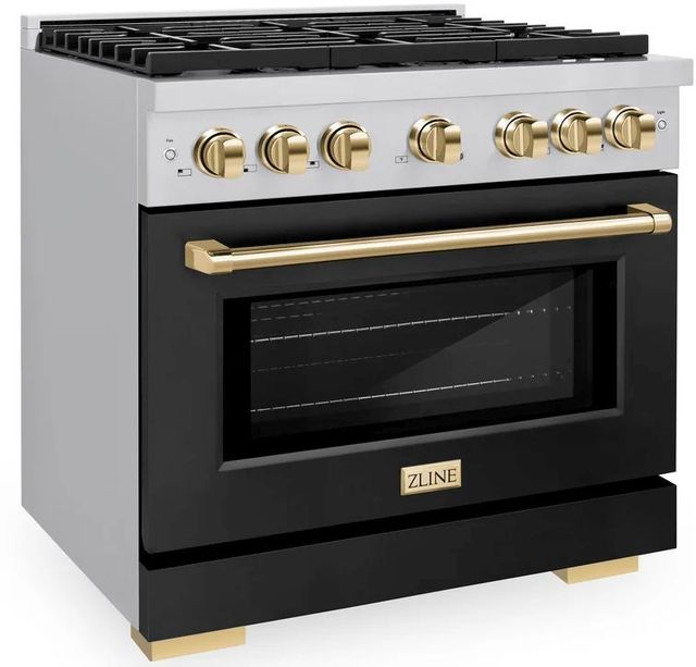 ZLINE Autograph Edition Paramount 36" Stainless Steel Pro Style Dual Fuel Range with Black Matte Door and Polished Gold Accents-2