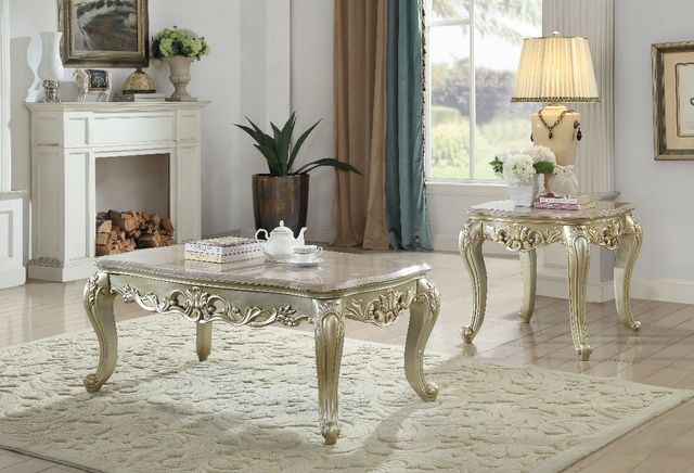 ACME Furniture Gorsedd Brown Marble Top End Table with Golden Ivory Base-1