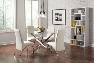 front view of a modern dining room with the Coaster® Beckham 5-Piece White/Chrome Dining Table Set