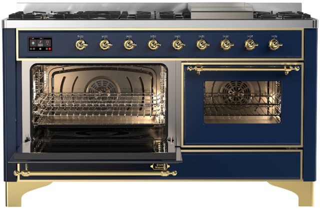 Ilve® Majestic III 60" Midnight Blue Pro Style Dual Fuel Natural Gas Range with Triple Glass Door and Brass Trim-2