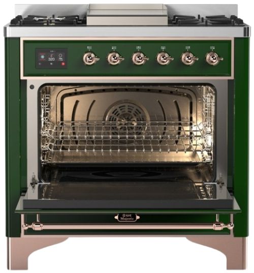 Ilve® Majestic III 36" Emerald Green Pro Style Dual Fuel Natural Gas Range with Solid Door and Copper Trim-1