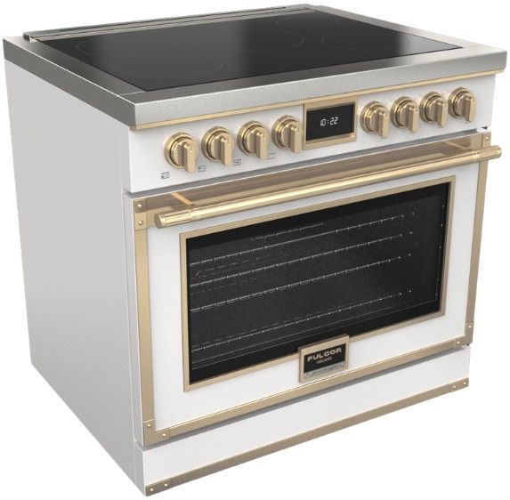 Fulgor Milano® Evoque 400 Series 36” Matte White Pro Style Induction Range with Brushed Brass Trim-0