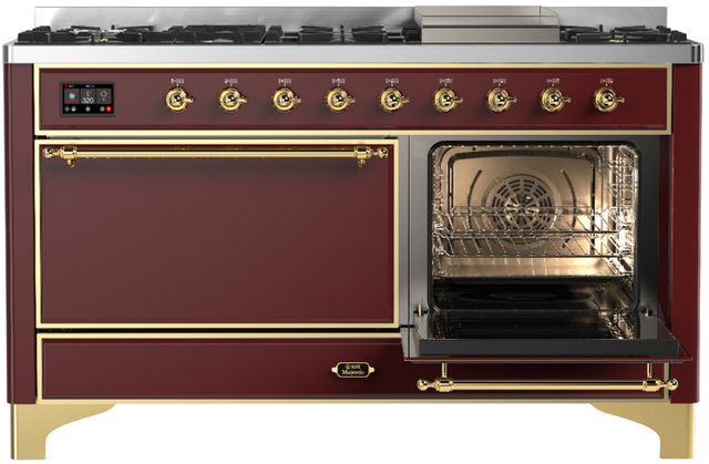 Ilve® Majestic III 60" Burgundy Pro Style Dual Fuel Natural Gas Range with Solid Door and Brass Trim-3
