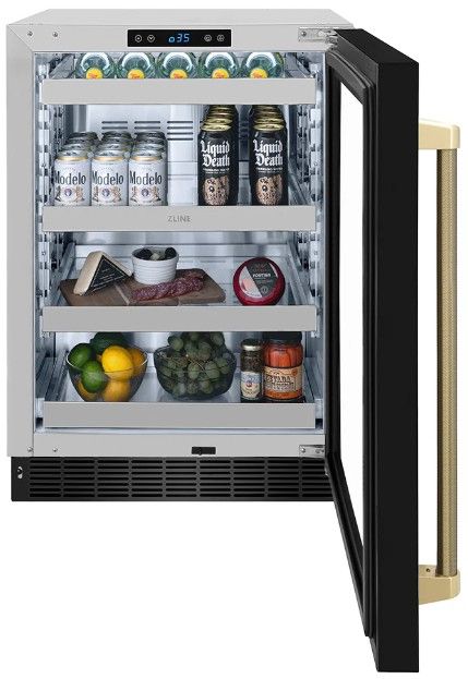 ZLINE Autograph Edition Touchstone 24 " 5.2 Cu. Ft. Black Stainless Steel 151 Can Beverage Fridge with Glass Door and Champagne Bronze Helix Handle -3