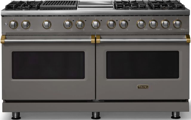 Viking® 5 Series 60" Damascus Gray Pro Style Dual Fuel (NG) Range with Brushed Brass Trim-0
