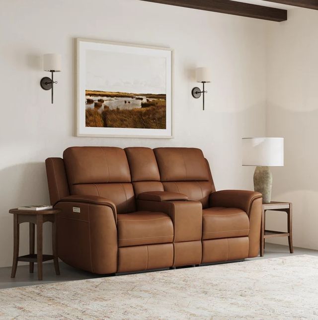 Flexsteel® Henry Caramel Power Reclining Loveseat with Console and Power Headrests-1
