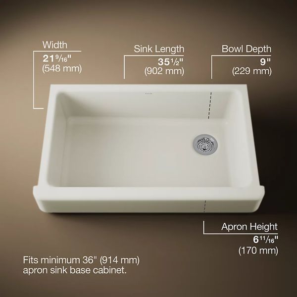 KOHLER® Whitehaven® Biscuit 36" Undermount Single-Bowl Farmhouse Kitchen Sink with Short Apron-2