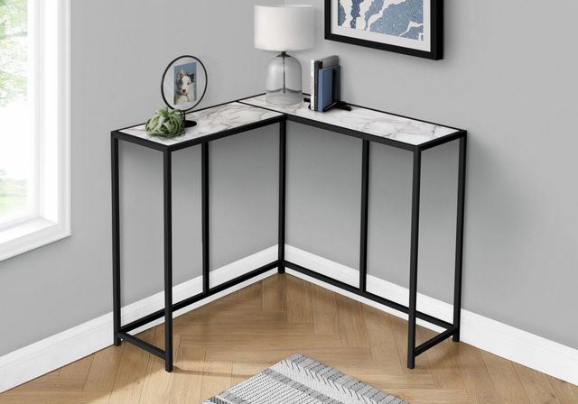 Monarch Specialties Inc. 36" White Marble Top Corner Console with Black Metal Base-1
