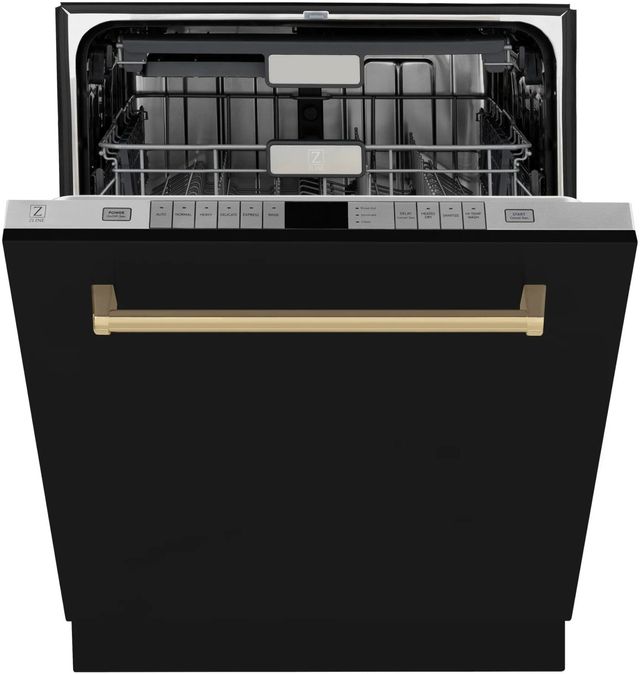 ZLINE Autograph Edition Monument 24" Black Stainless Steel 3rd Rack Tall Tub Top Control Built In Dishwasher with Champagne Bronze Handle-1