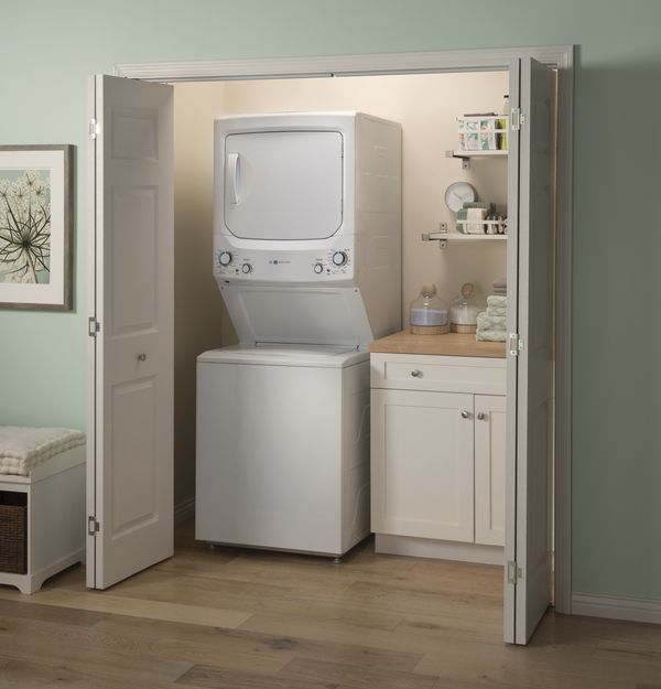 GE Unitized Spacemaker 3.9 Cu. Ft. Washer, 5.9 Cu. Ft. Dryer White Stack Laundry