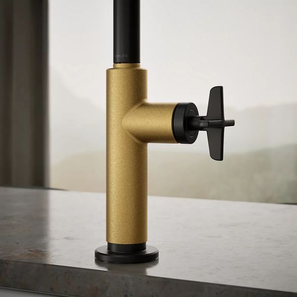 KOHLER® Billet® Brushed Moderne Brass/Matte Black Kitchen Sink Faucet with 2-Function Sprayhead and Cross Handle-4