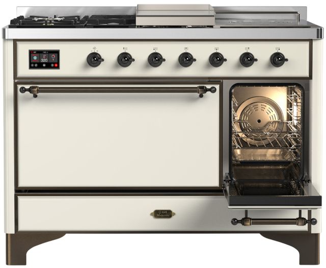 Ilve® Majestic III 48" Antique White Pro Style Dual Fuel Liquid Propane Range with 5 Black Brass Burners and Burnished Trim-3