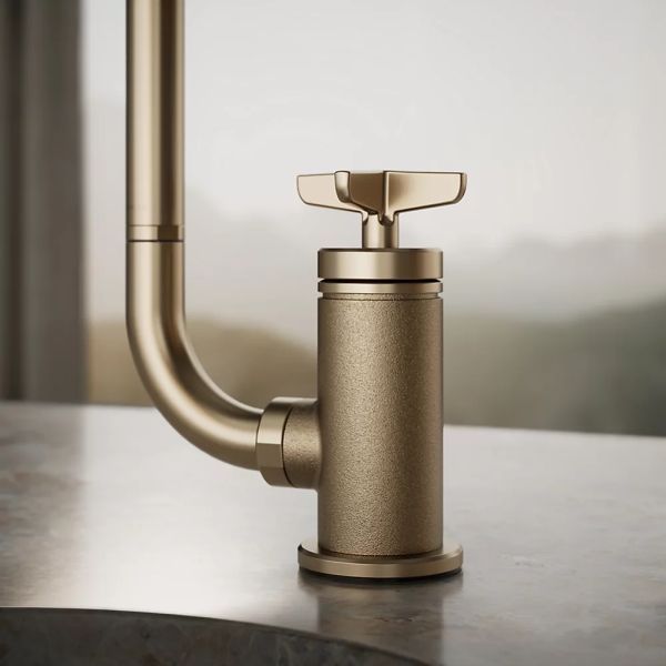 KOHLER® Billet® Vibrant Brushed Bronze 16" Single Cross-Handle Bar Sink Faucet with 2-Function Extended-Reach Spout and Side Sprayer-3