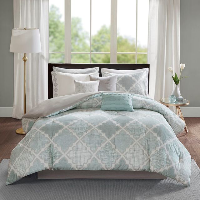 Olliix by Madison Park 9 Piece Aqua California King Cadence Cotton Sateen Comforter Set-0