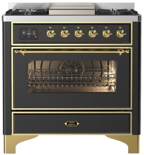 Ilve® Majestic III 36" Graphite Matte Pro Style Dual Fuel Liquid Propane Range with 6 Black Brass Burners and Brass Trim-0